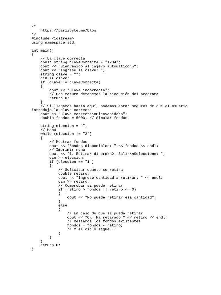 Cajero automático en C++: código y lógica | PDF