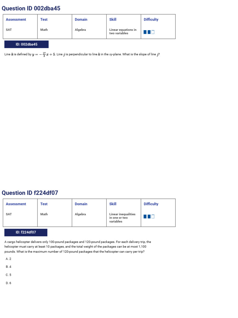 Dsat Qbank, Math 50 Questions, Algebra Set #1 | PDF | Equations | Algebra