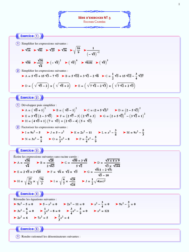 Exercices sur les racines carrées et simplifications | PDF ...