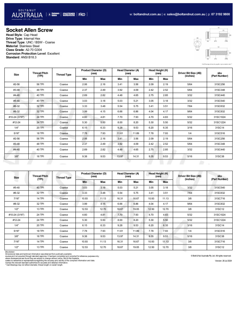 Specs socket cap screw unc bsw coarse stainless g304 ansi b18 3 pdf