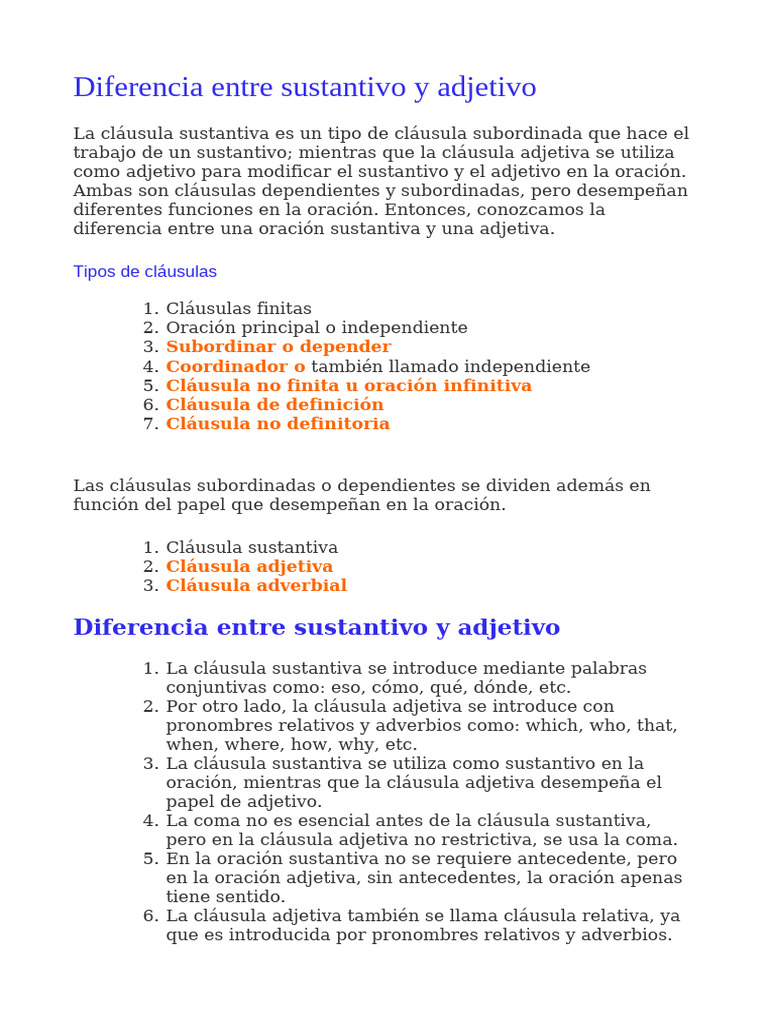 Diferencia entre la cláusula nominal y la cláusula adjetiva | PDF ...