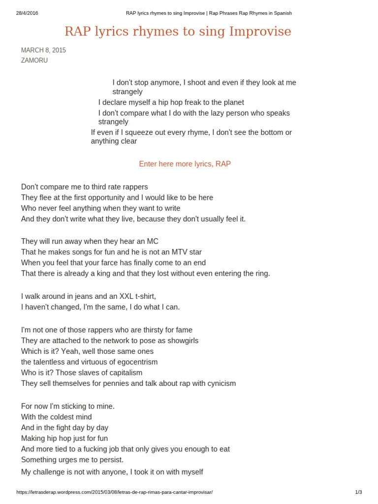 RAP Lyrics Rhymes To Sing Improvisation - Rap Phrases Rap Rhymes in ...