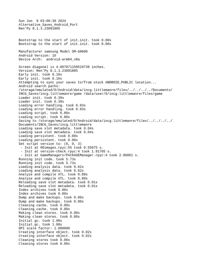 Ren'Py 8.1.3 Android Save Log | PDF | Booting | Metadata