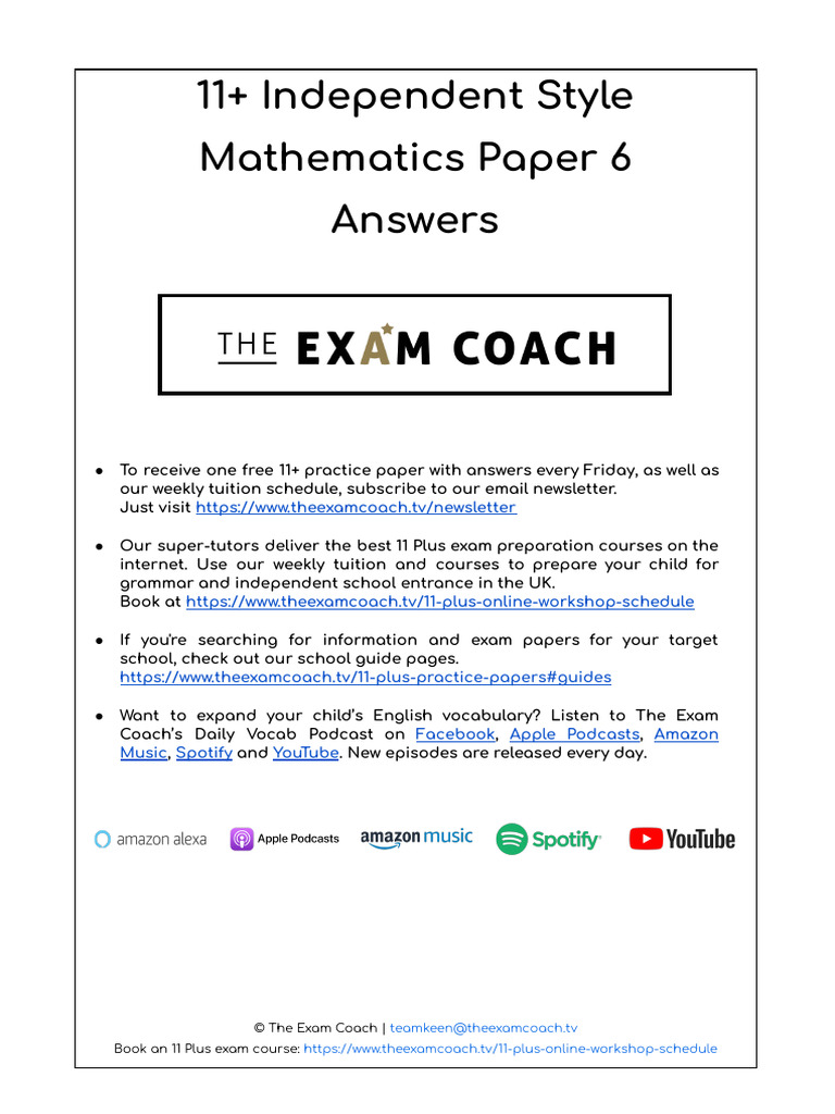 The+Exam+Coach+11++Independent+Style+Mathematics+Paper+6+Answers | PDF