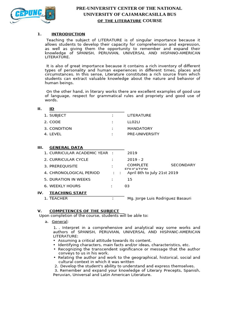 Literature Course Overview for Pre-University | PDF