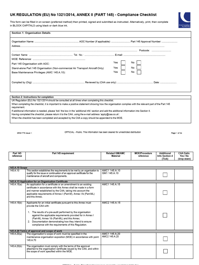 UK Part 145 Compliance Checklist | PDF