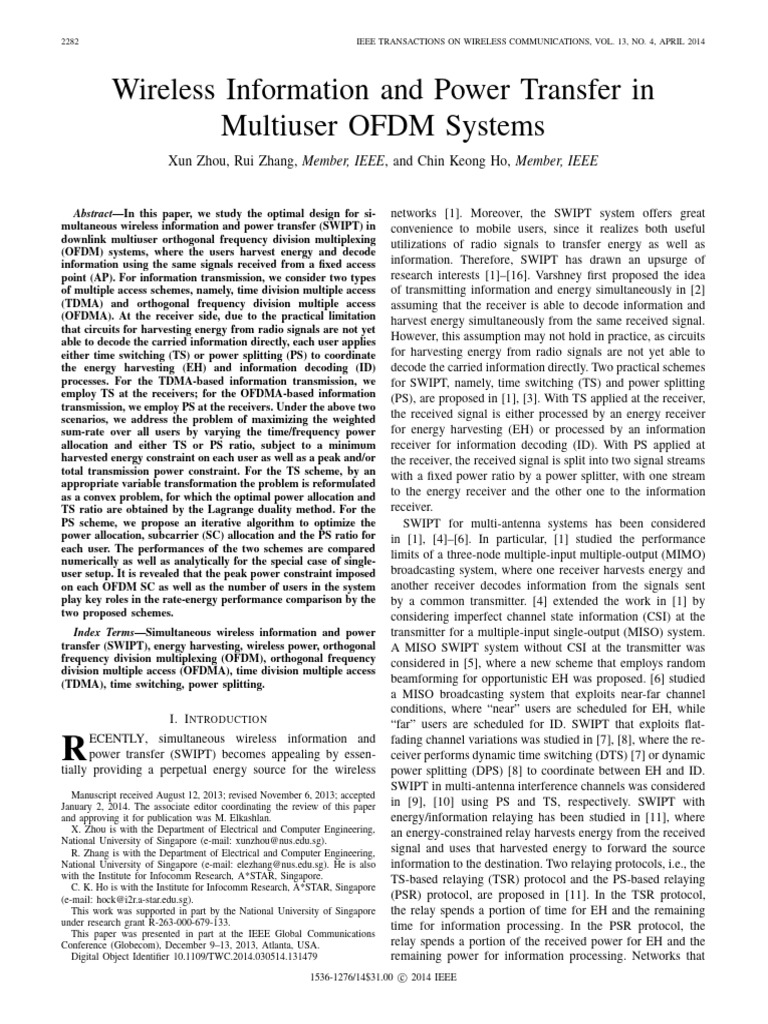Wireless Information and Power Transfer in Multiuser OFDM Systems | PDF ...