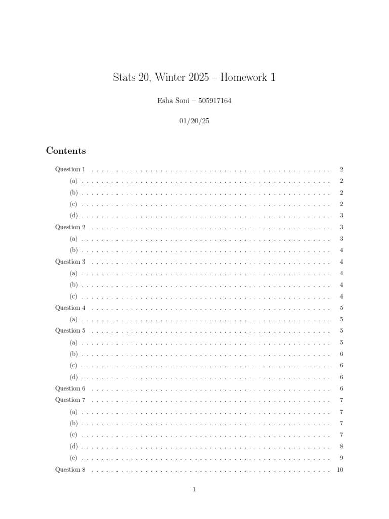 Stats 20 Winter 2025 Homework 1 Guide | PDF
