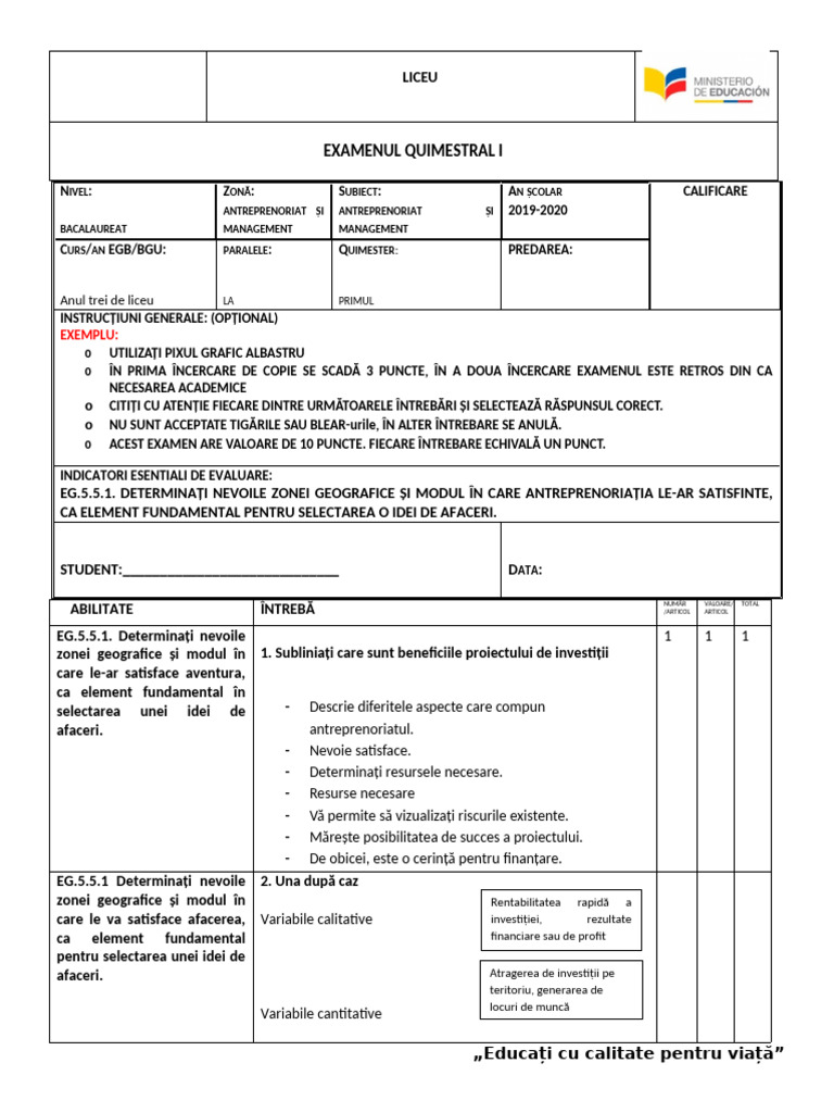 Examenul Semestrial Al Treilea de Liceu Antreprenoriat | PDF