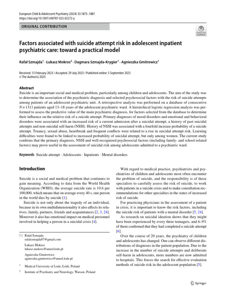 Factors Associated With Suicide Attempt Risk in Adolescent Inpatient ...