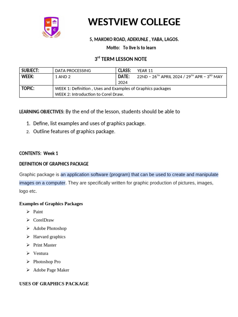 Year 11 Data Processing: Graphics Packages | PDF | Graphics | Window ...