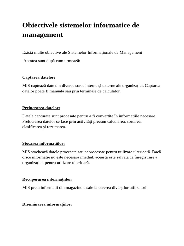Obiectivele Sistemelor de Informații de Management | PDF