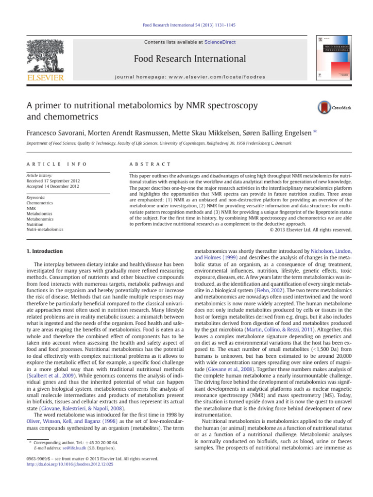 A Primer To Nutritional Metabolomics by NMR Spectroscopy and ...