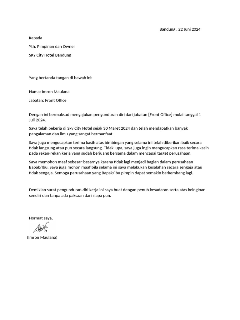 Surat Pengunduran Diri Imron Maulana | PDF
