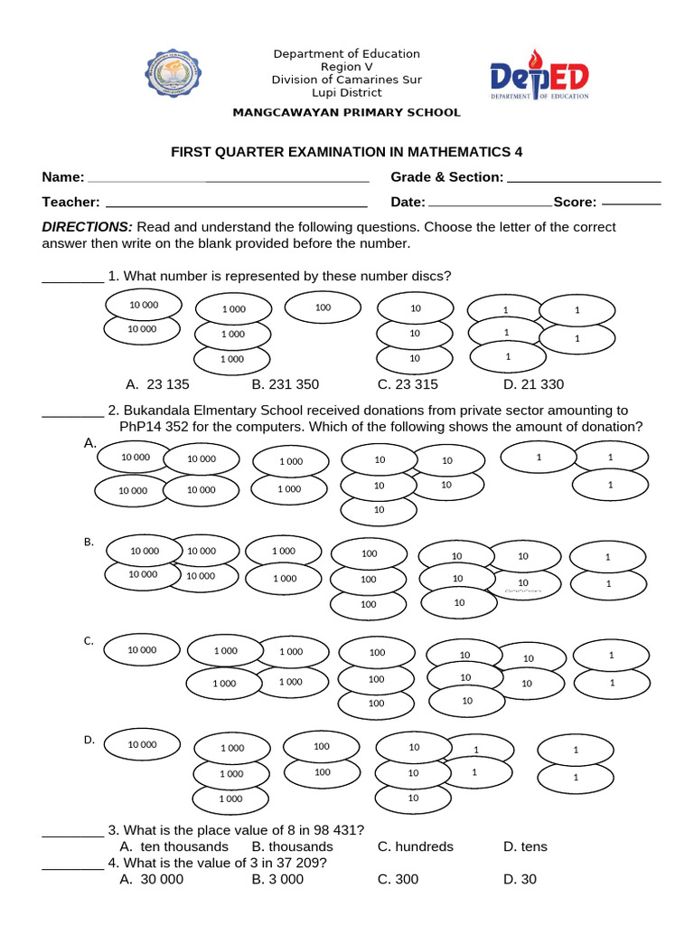 Math Exam for Grade 4 Students | PDF