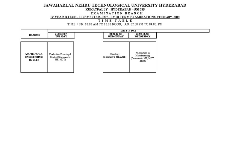 B.Tech II Semester Exam Schedule 2012 | PDF
