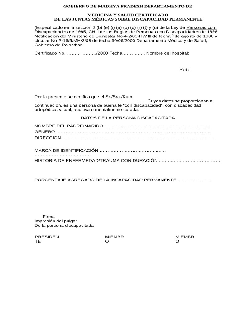 Certificado de Discapacidad Permanente | PDF