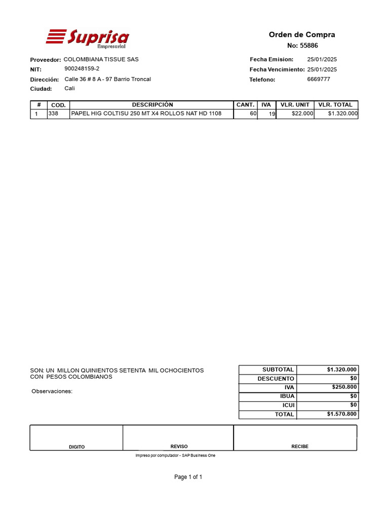 Orden de Compra 55886 Colombiana Tissue SAS | PDF