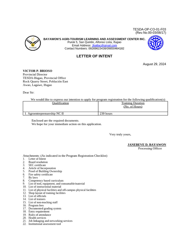 TESDA Program Registration Intent Letter | PDF | Learning
