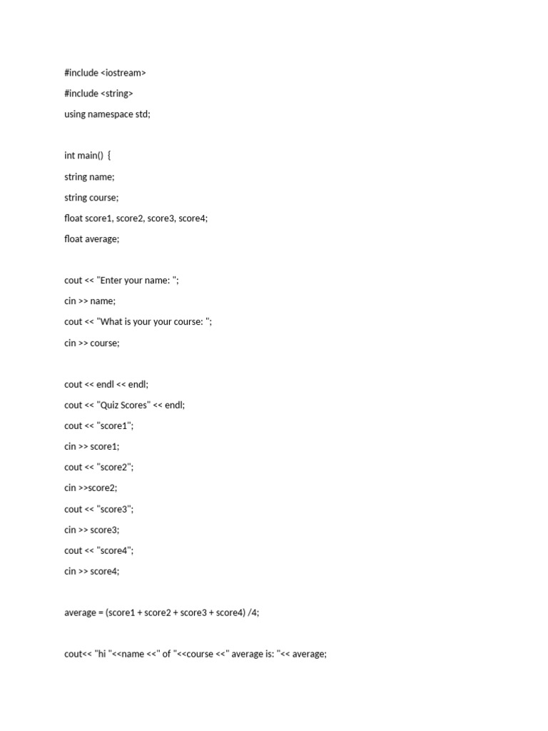 C++ Program for Average Quiz Score | PDF