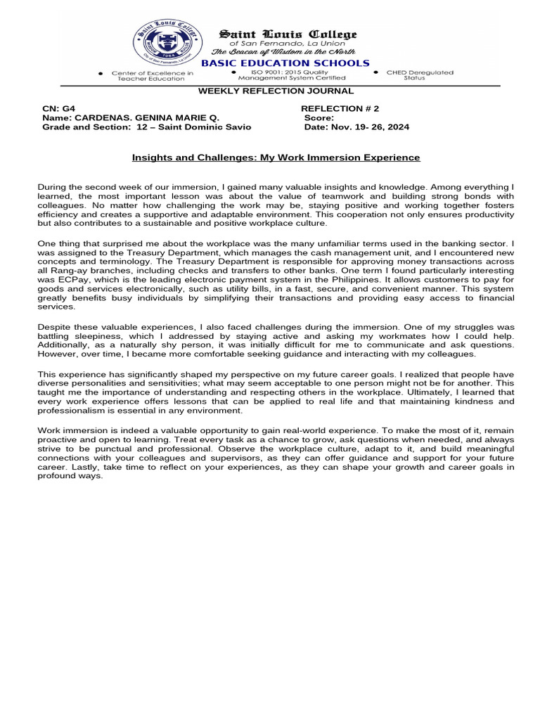 Weekly-Reflection-Journal - Week 2 - Cardenas - St. Dominic | PDF ...