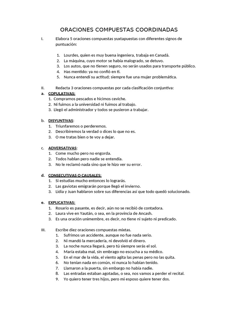 Ejemplos de oraciones compuestas | PDF | Sintaxis | Gramática