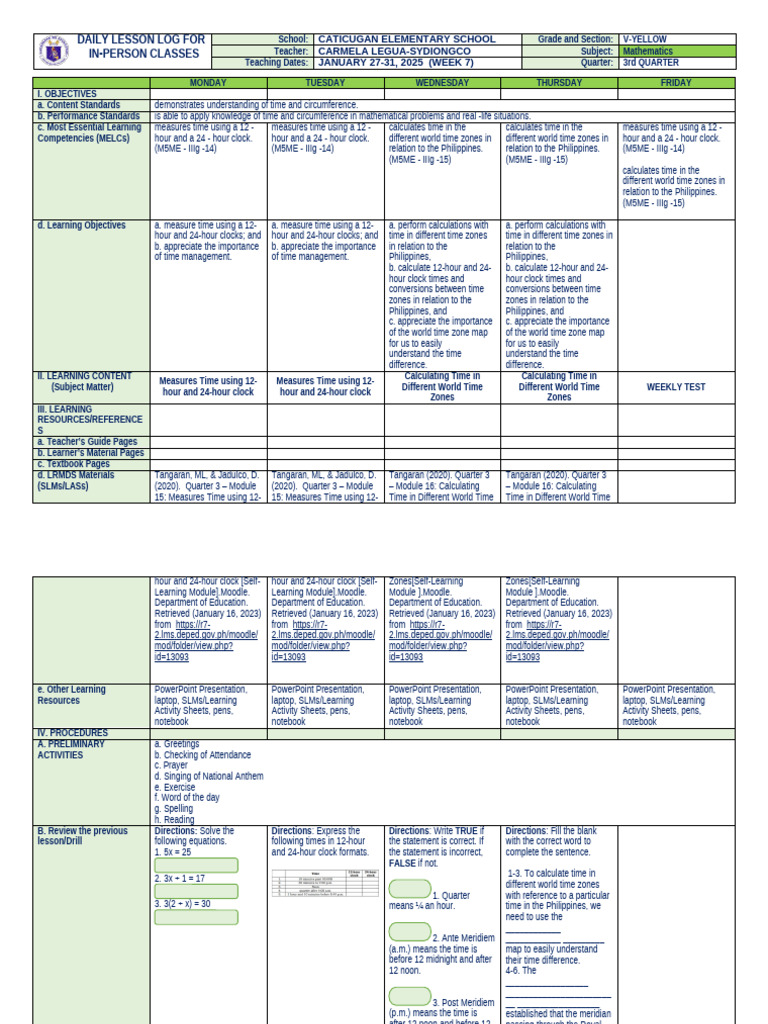 Weekly Math Lesson Plan: Time Management | PDF | Longitude | Greenwich ...