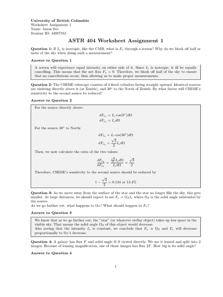UBC ASTR 404 Worksheet Solutions | PDF | Stars | Angle