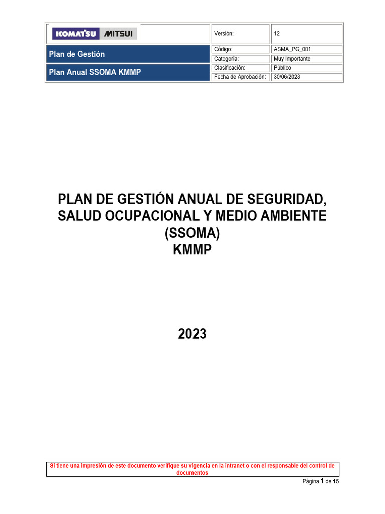 Plan Anual SSOMA 2023 KMMP | PDF | Seguridad y salud ocupacional | La ...