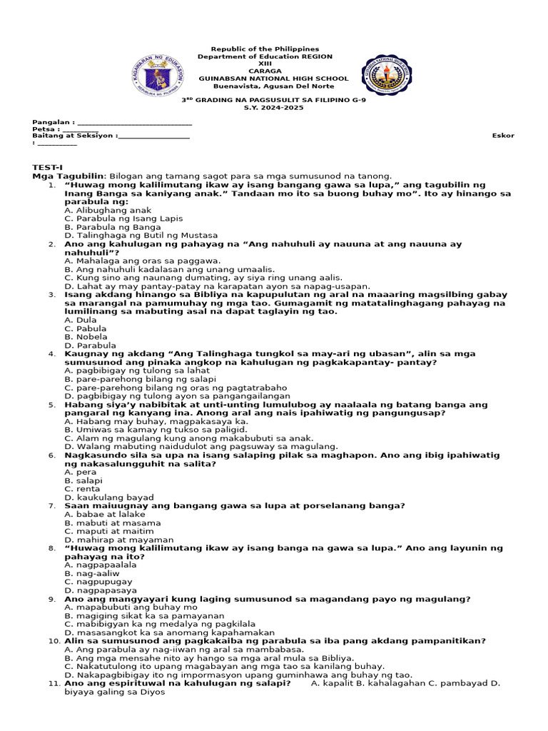 TQ - Filipino 9 3rd Quarter Exam | PDF