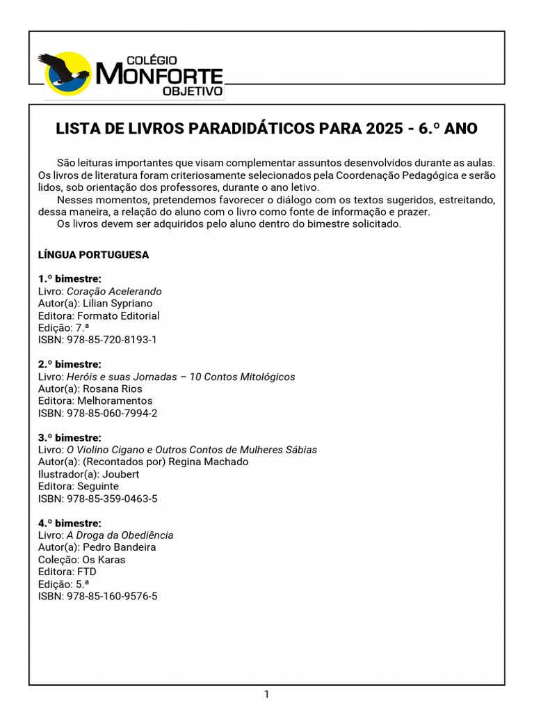 Livros Paradidáticos 6º Ano 2025 | PDF
