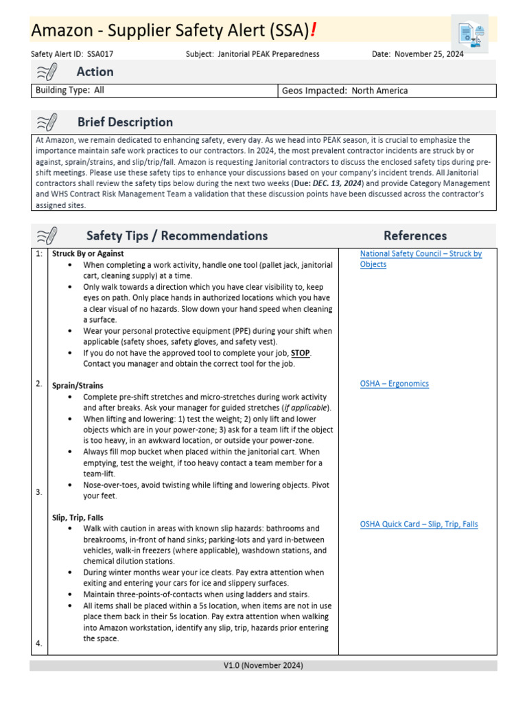 Amazon Janitorial Safety Alert for PEAK | PDF | Occupational Safety And ...