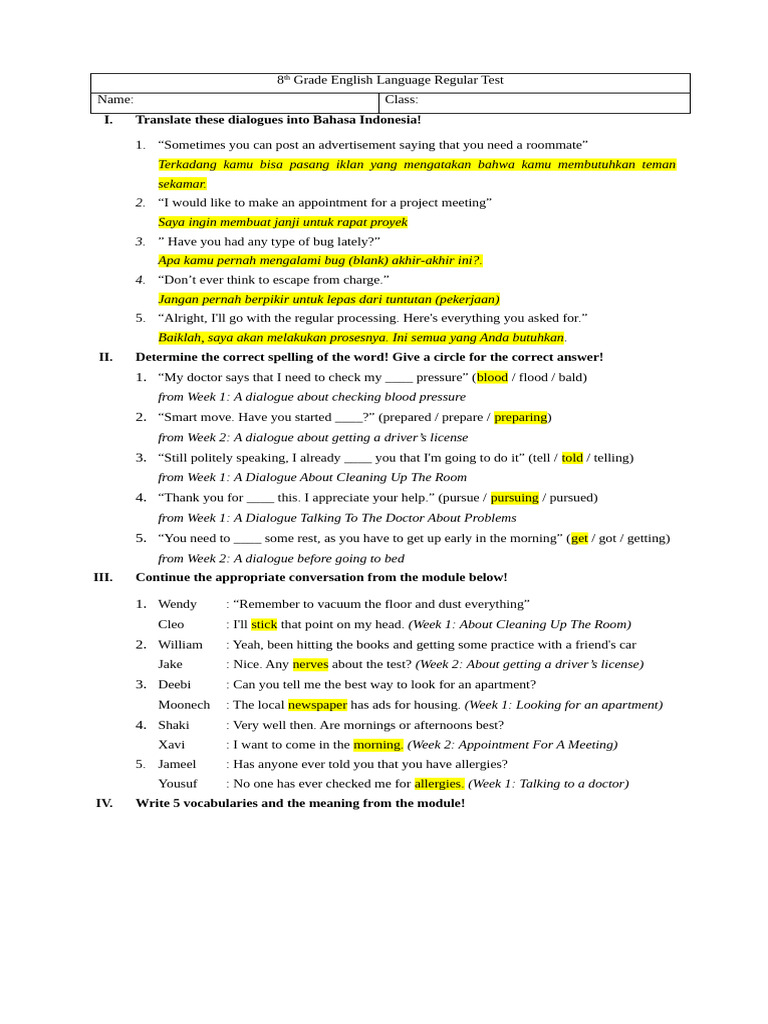 8th grade english test pdf linguistics