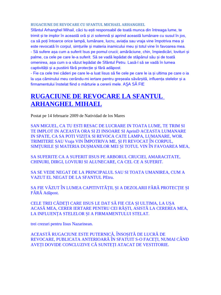 Rugăciunea de Revocare Cu Sfântul Mihail Arhanghel | PDF