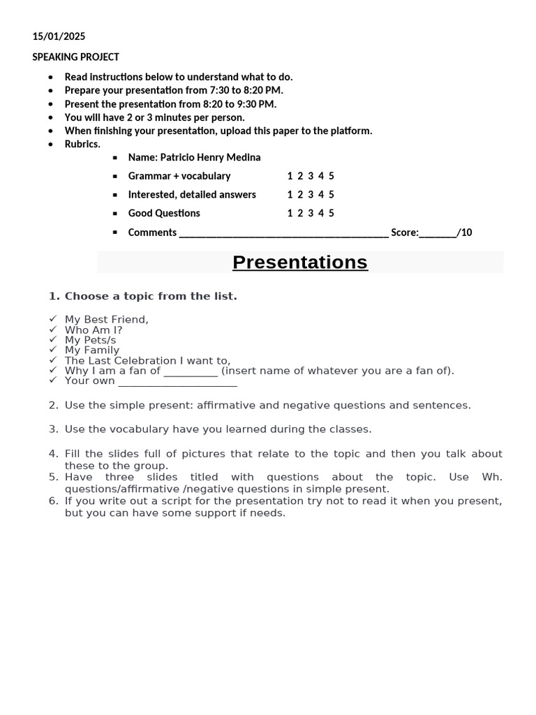 Speaking Project Presentation Guide | PDF