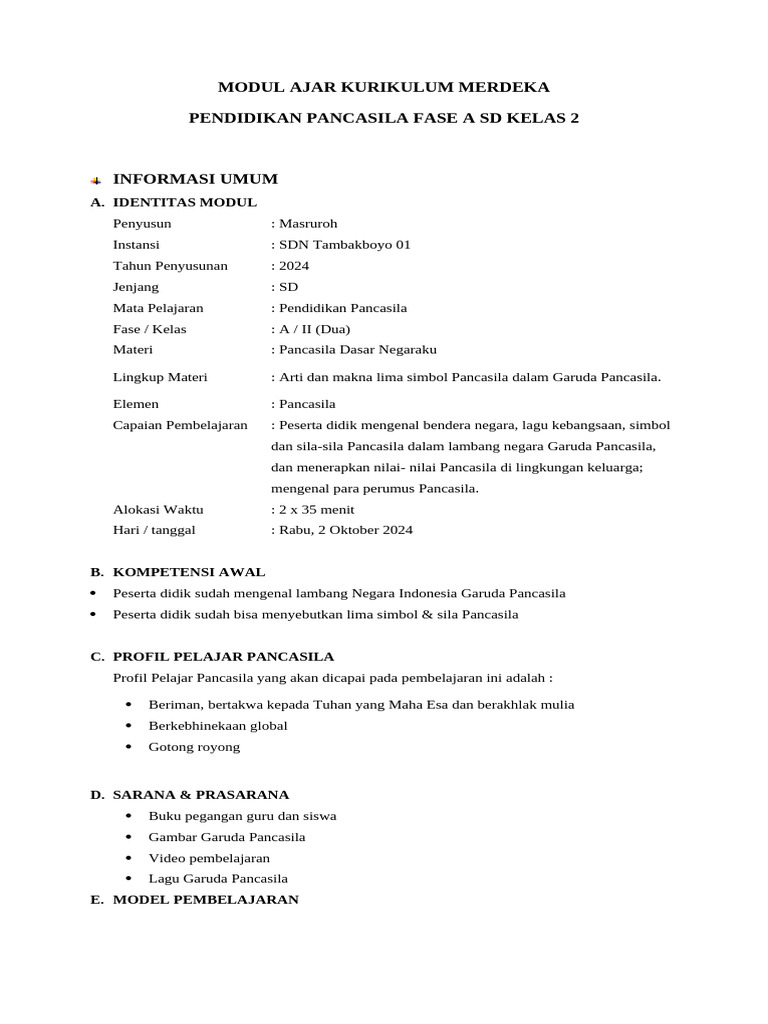 MODUL AJAR PENDIDIKAN PANCASILA KELAS 2 - SUPERVISI - sm1 | PDF