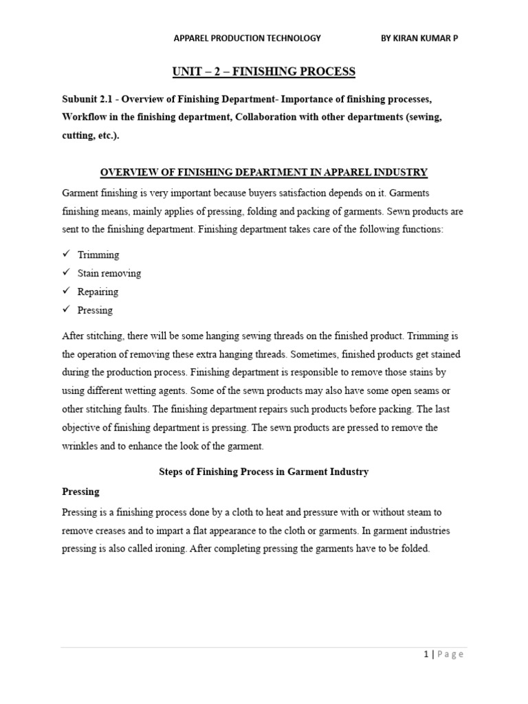 Finishing Processes in Garment Production | PDF | Sewing | Seam (Sewing)