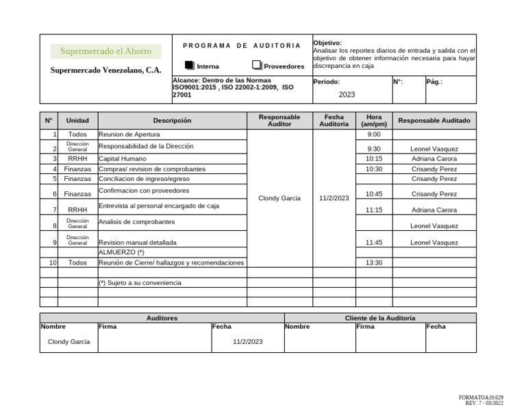 Programa de Auditoría 2023 Supermercado | PDF | Auditoría | Business