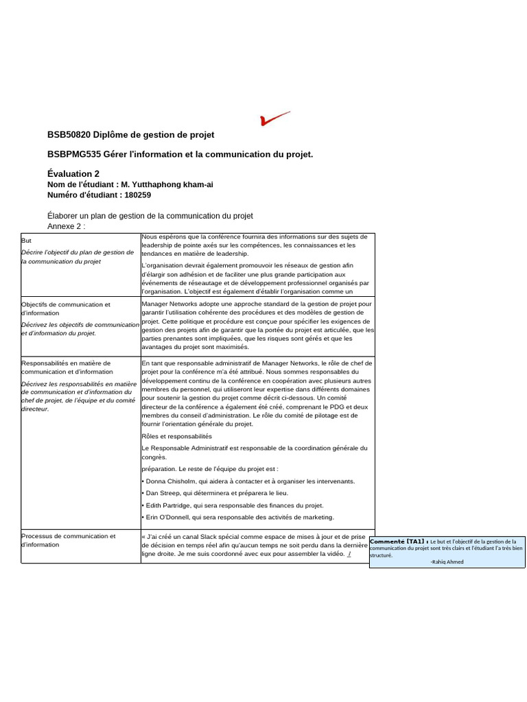 Plan de gestion de communication projet | PDF | Gestion de projet | la ...