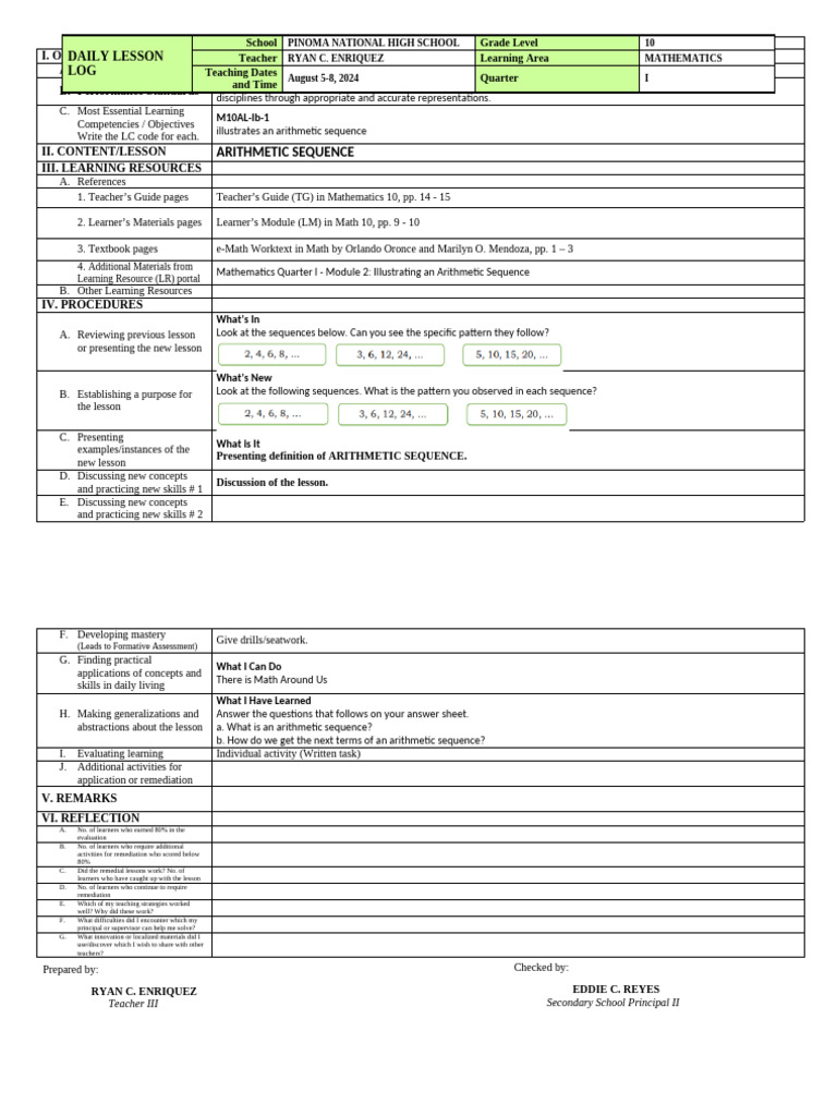 Arithmetic Sequences Lesson Plan | PDF | Mathematics | Learning