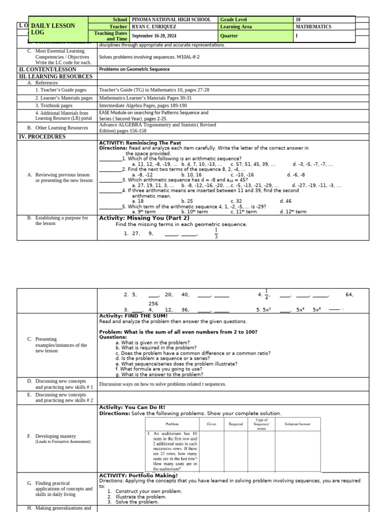 Math 10 Week 8: Sequences Focus | PDF | Mathematics | Algebra