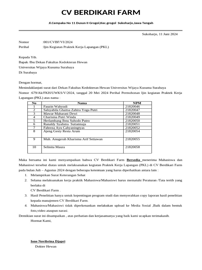 Izin PKL di CV Berdikari Farm | PDF