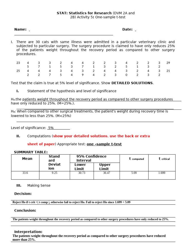 Activity 5 - One Sample T Test | PDF | Student's T Test | Health Care