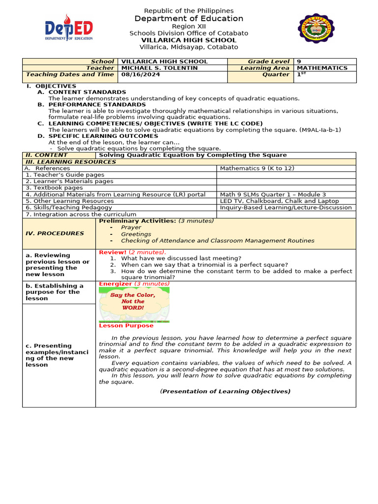 DLP Lesson 2c-Solving Quadratic Equations by Completing The Square (Co1 ...