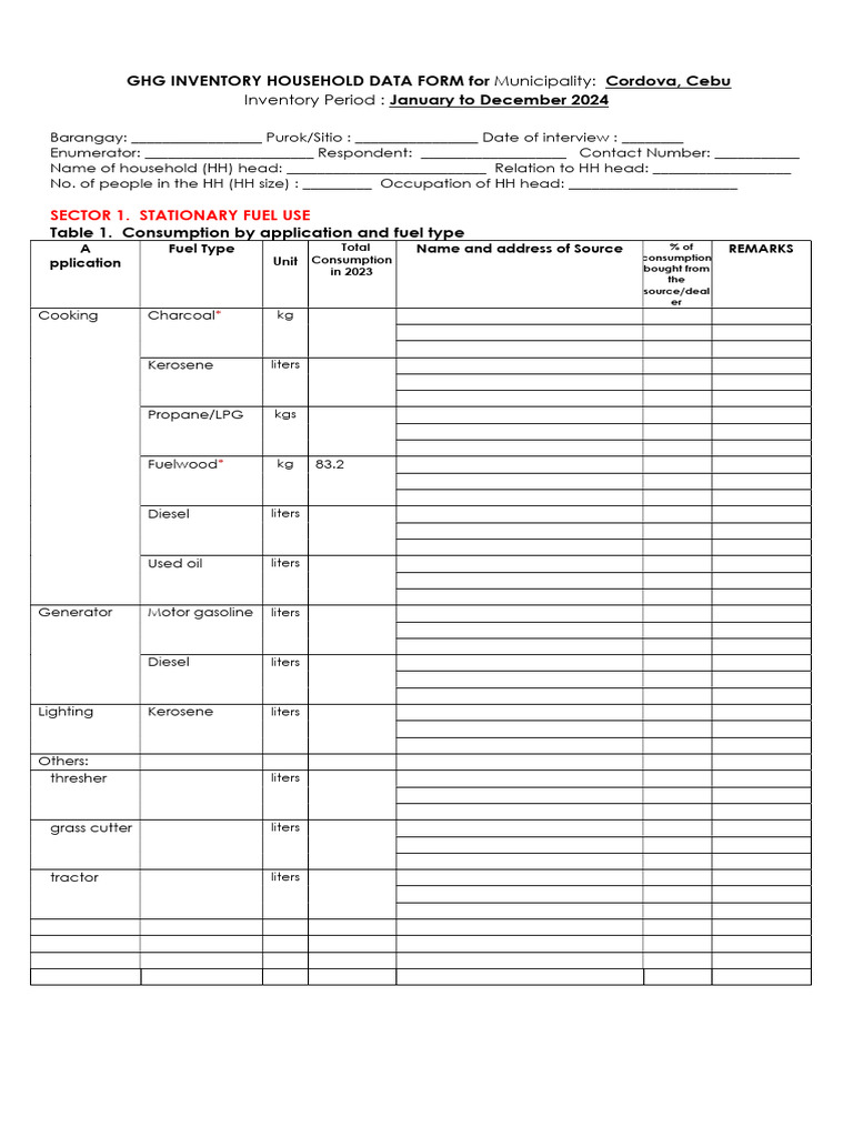 GHG Inventory Form for Cordova Households | PDF | Diesel Fuel | Fuels