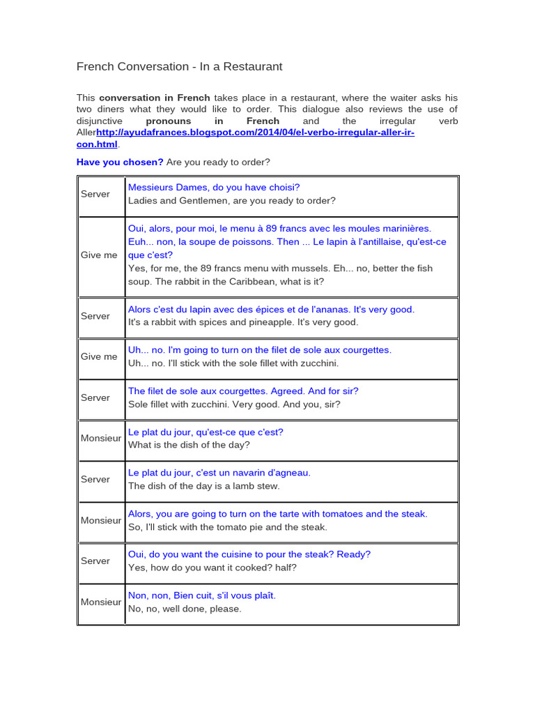 French Restaurant Dialogue Guide | PDF | Waiting Staff | Foods