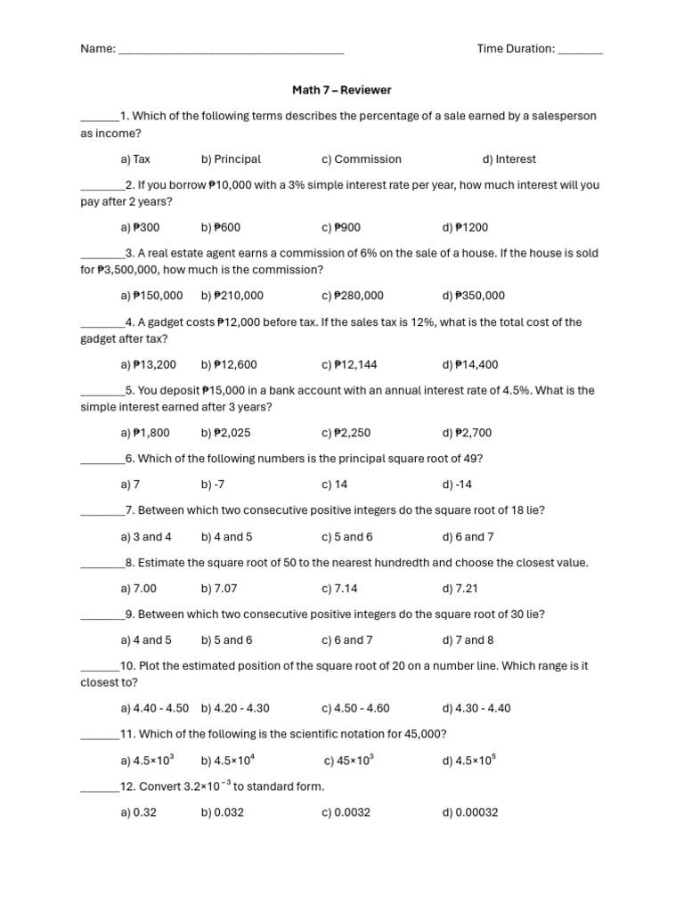 Grade 4 Math Reviewer with Answers | PDF | Set (Mathematics) | Rectangle
