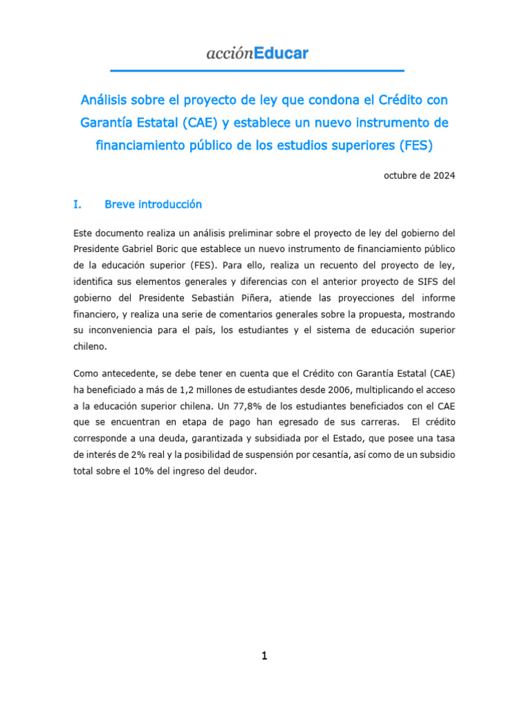 Analisis Del Proyecto de Ley Que Condona El CAE y Crea El FES 1 | PDF ...
