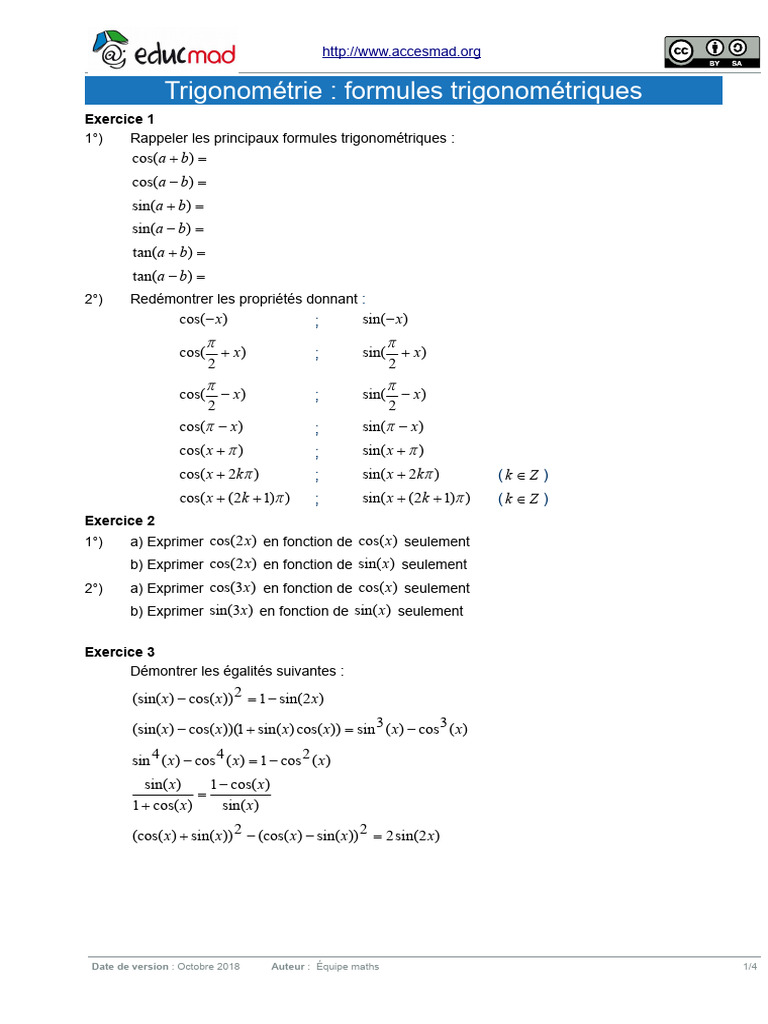 Formules Trigonom triques Et Exercices PDF Math matiques 