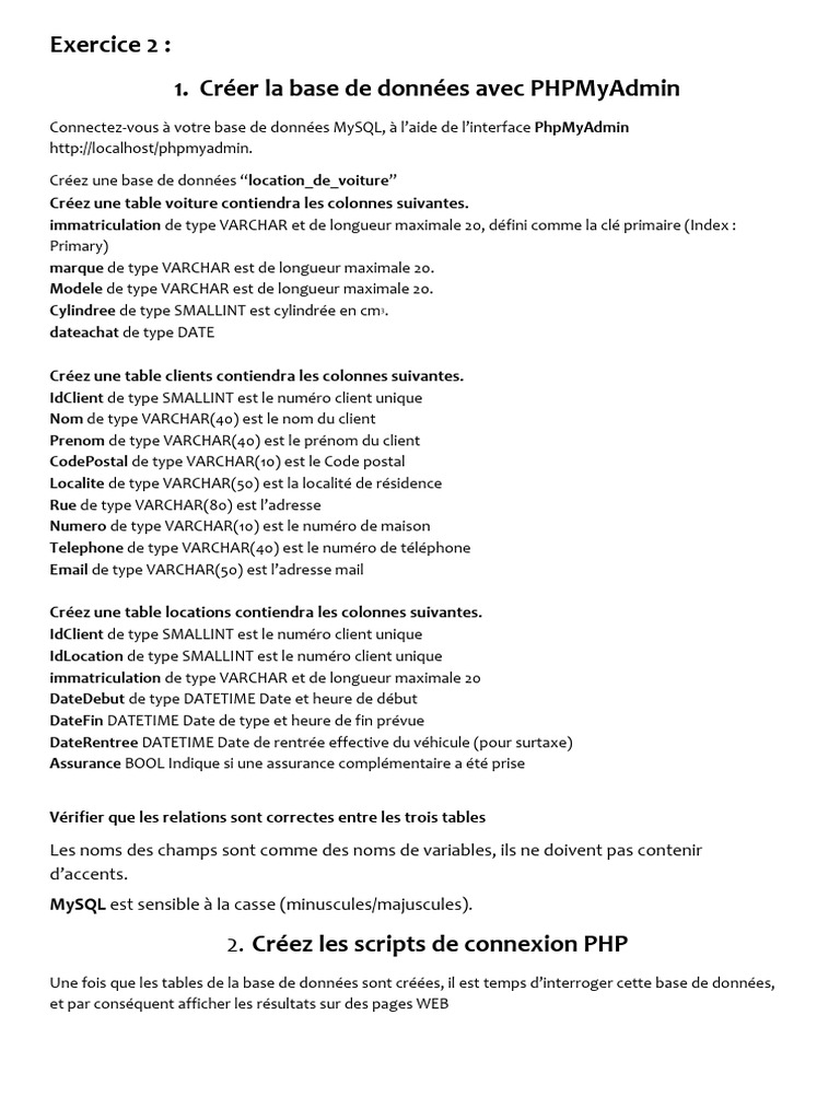 Création d'une base de données de location de voitures | PDF | PHP ...